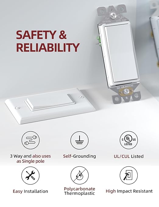 AIDA 3 Way Decorative Light Switch, 15Amp, 120/277 Volt, AC Decorator Rocker Paddle Wall Switch Replacement, UL Listed - Residential and Commercial Grade (20 Pack,Glossy White)