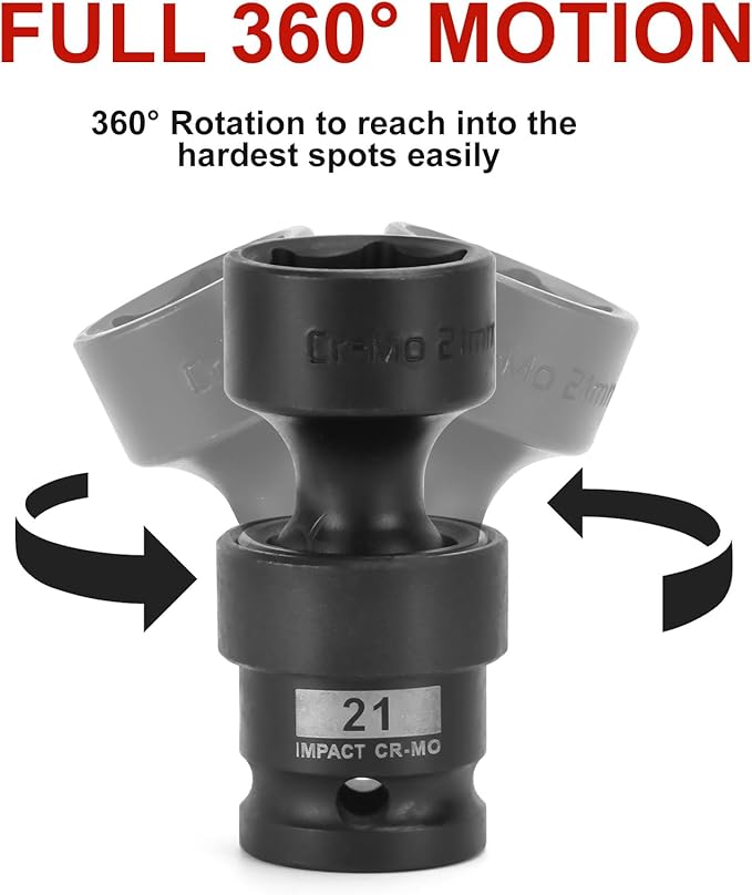AOBEN 18 PCS 1/2" Drive Shallow Universal Impact Socket Set, Swivel Socket with Flexible Wobble, 6 Point, Metric,10-24mm,Cr-V Steel, Includes Extension Bars and Adapter