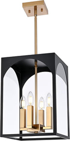 VINLUZ Outdoor 4 Lights in Black and Brushed Brass Finish, Metal Indoor Outdoor Pendant Hanging Lantern Lighting with Clear Glass Shade for Balcony Dining Room