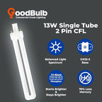 GoodBulb 13 Watt CFL Light Bulbs 2 Pin GX23 Base 5000K Daylight 13W High Output 800 Lumens Single Tube Compact Fluorescent Light Bulbs Plug-in 10 Pack