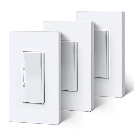 BESTTEN Super Slim Dimmer Light Switch, Quiet Rocker, Max 300W LED, CFL, 600W Incandescent, Single Pole or 3 Way Dimmable Switch with Screwless Wallplate, ETL Listed, 3 Pack, White