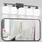 5-Light Black Bathroom Vanity Light, Black Vanity Light with Milky White Frosted Glass Shades, Modern Vanity Light Fixture for Bathroom Mirror, Bedroom, Living Room, Hallway, Vanity Table, E26 Base
