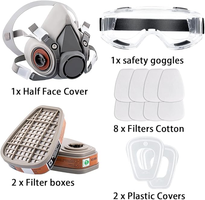 Reusable Half Face Gas Mask with Safety Glasses, Filters - For Painting, Welding, Woodworking