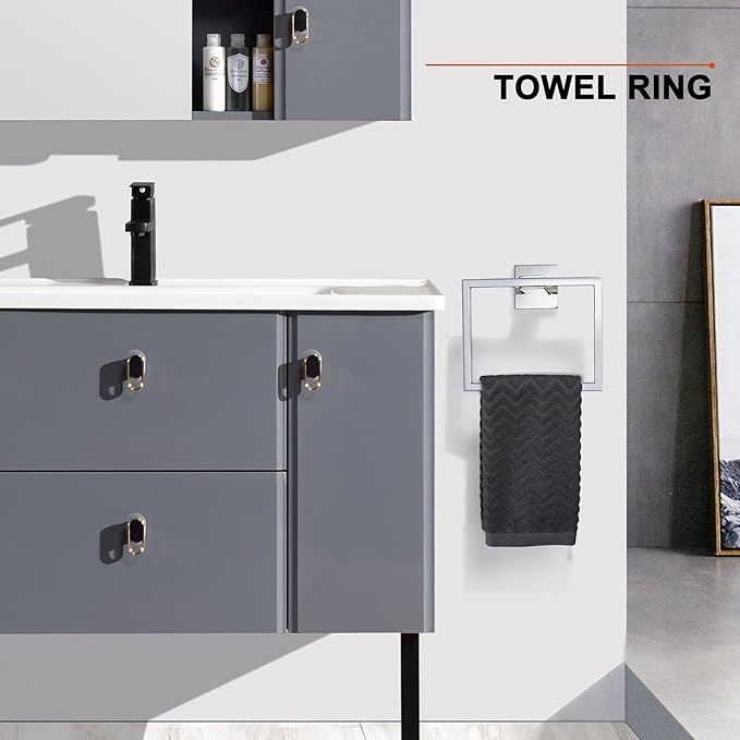 4-Piece Bathroom Hardware Set Chrome Bath Towel Bar Holder Sets Wall Mounted Stainless Steel Square Bathroom Accessory Kit, Polished Chrome 23.6 Inch