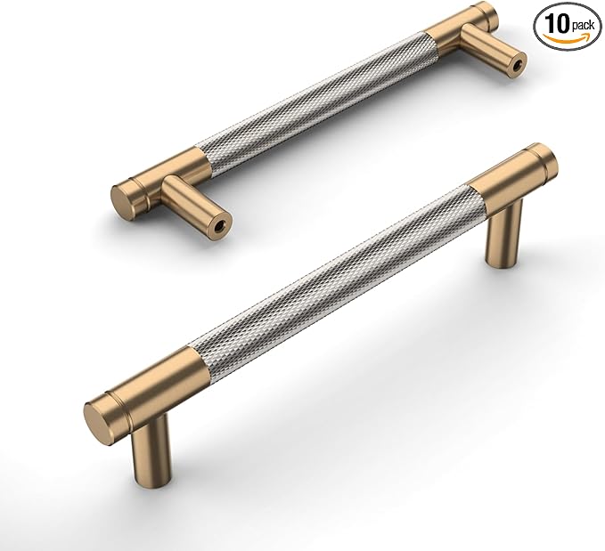Amerdeco 10 Pack Champagne Bronze and Brushed Nickel Knurled Cabinet Pulls 5 Inch Hole Center to Hole Center Kitchen Cabinet Handles for Drawer Dresser, Cupboard and Wardrobe ZH0040