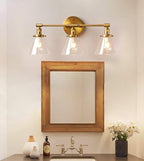 Phansthy 3-Light Wall Sconces Antique Brass Vanity Light, Industrial Wall Lamps with On Off Switch and Clear Glass Lampshade, Vintage Wall Lighting for Bathroom Living Room (Antique, Cone Shade)