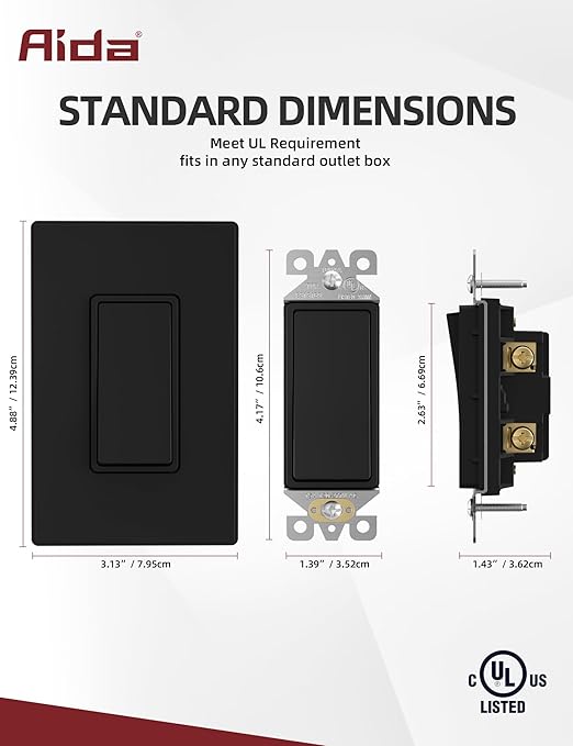 AIDA Single Pole Rocker Decorator Light Switch, 15 Amp Self-grounding Electrical Light Switches, Wall Plate Included, Residential Grade, UL Listed (10 Pack, Matte Black)