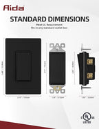 AIDA Single Pole Rocker Decorator Light Switch, 15 Amp Self-grounding Electrical Light Switches, Wall Plate Included, Residential Grade, UL Listed (10 Pack, Matte Black)