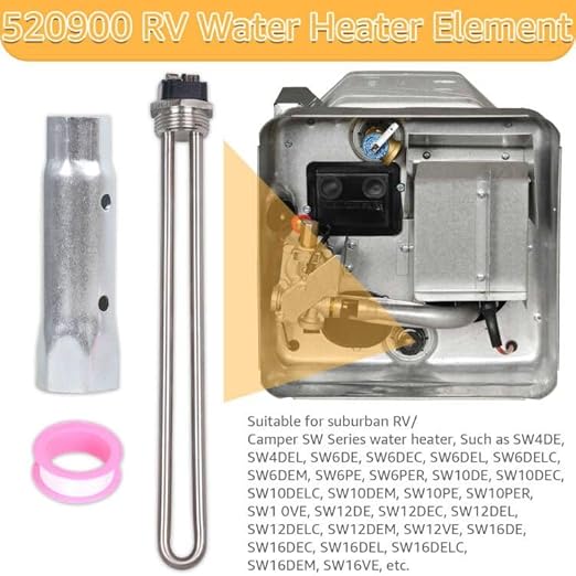 520900 RV Water Heater Element Kit,Compatible Replacement for Suburban SW Series Electric Water Heater (Part 520789, 232794) Includes Screw-in Heating Element, Wrench Socket, and Tape