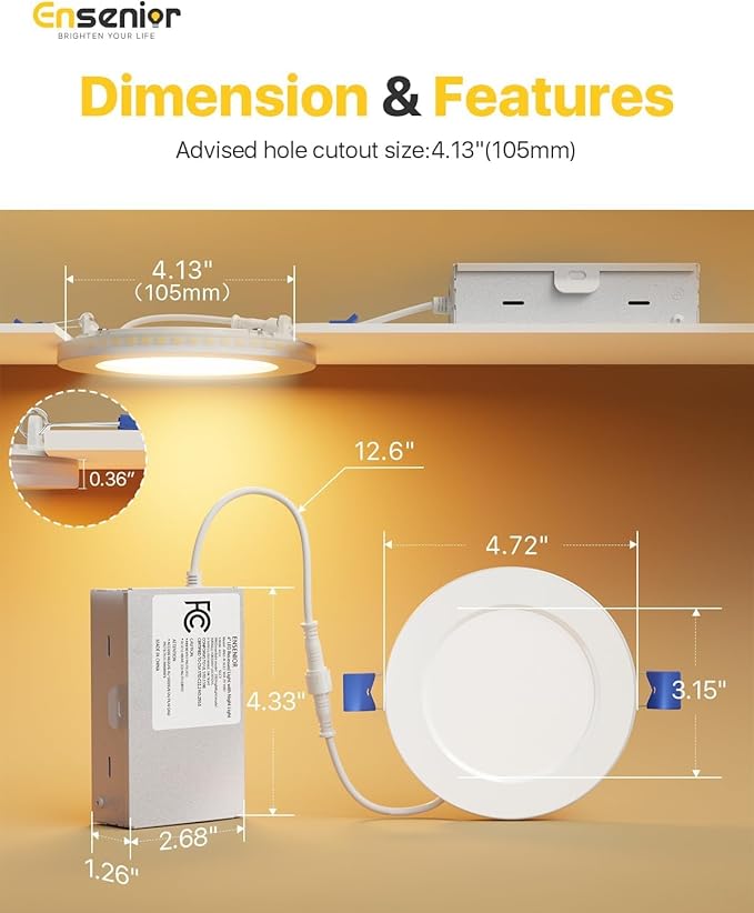 Ensenior 20 Pack 4 Inch LED Recessed Ceiling Light with Night Light, Dimmable, 2700K-5000K 5CCT, 1050LM 12W 120V, High Brightness Canless Wafer Downlight - FCC (4 Inch)
