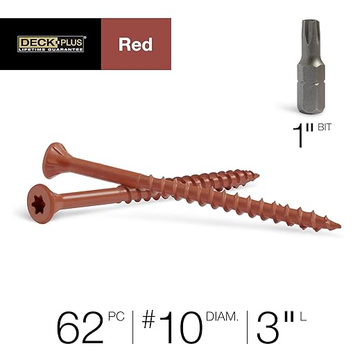 Deck Plus 3 Inch Epoxy Coated Exterior Wood and Fence Screws #10 x 3 Torx/Star Drive Included Coarse Thread, Outdoor Rust Resistant Decking Screw, Red, 1lb Box, 62 Pieces | 48432