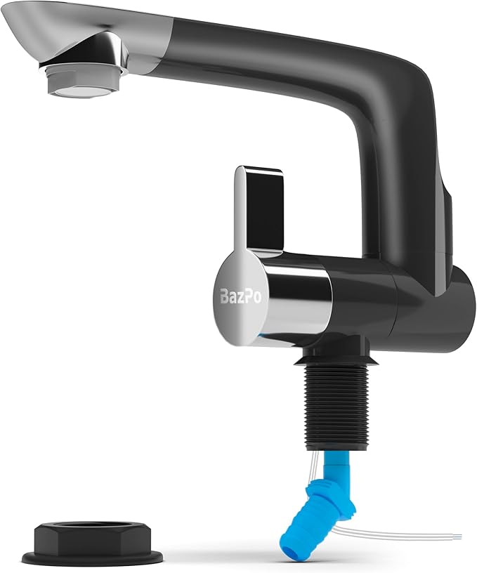 12V Faucet with Switch – German Made 1.5 BAR | Cold Water RV Sink Electric Faucet 360° Swivel Spout, 6A | for Camper Vans, Trailers, Marine Use | Single Hole – 12V Pump Compatible (Black)