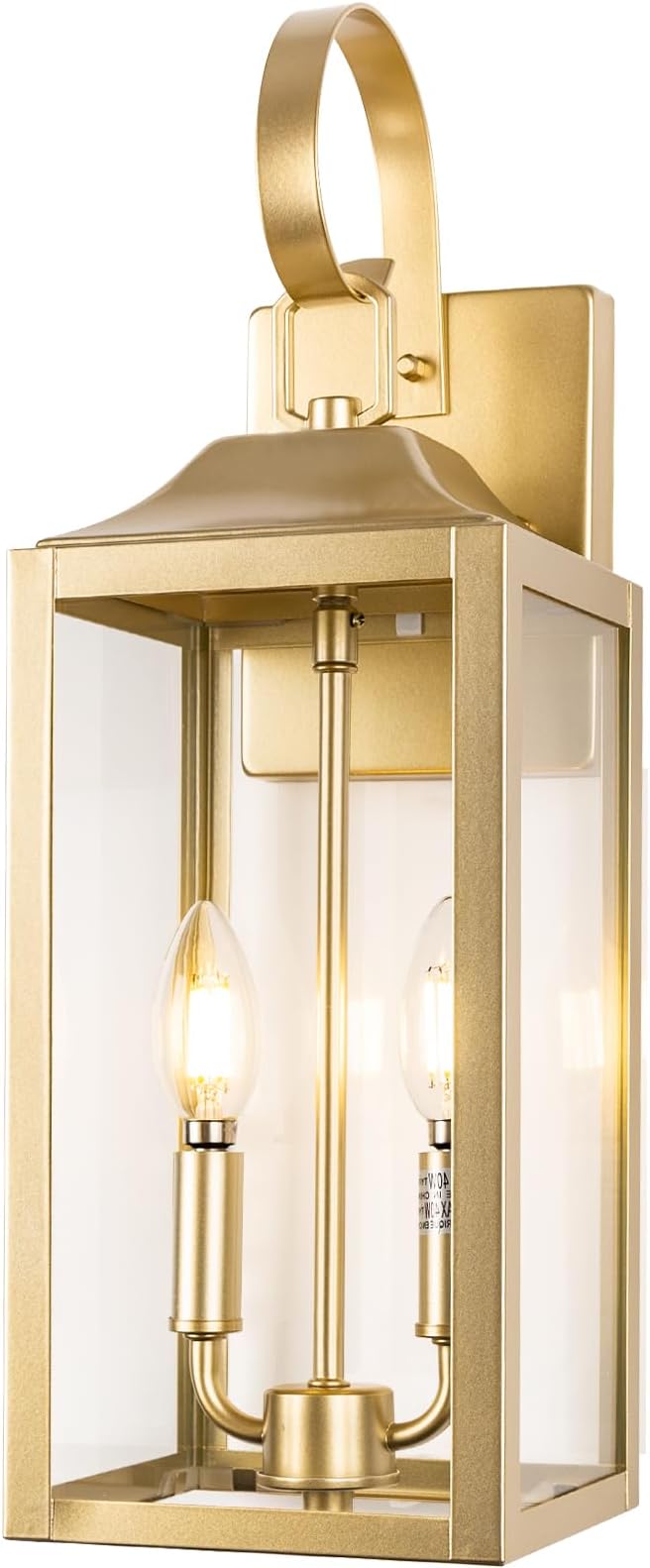 19" Gold Outdoor Wall Lantern 2-Light, Large Modern Wall Sconce Light Fixture, Industrial Porch Light with Glass, Waterproof Farmhouse Exterior Lamp (1 Pack)
