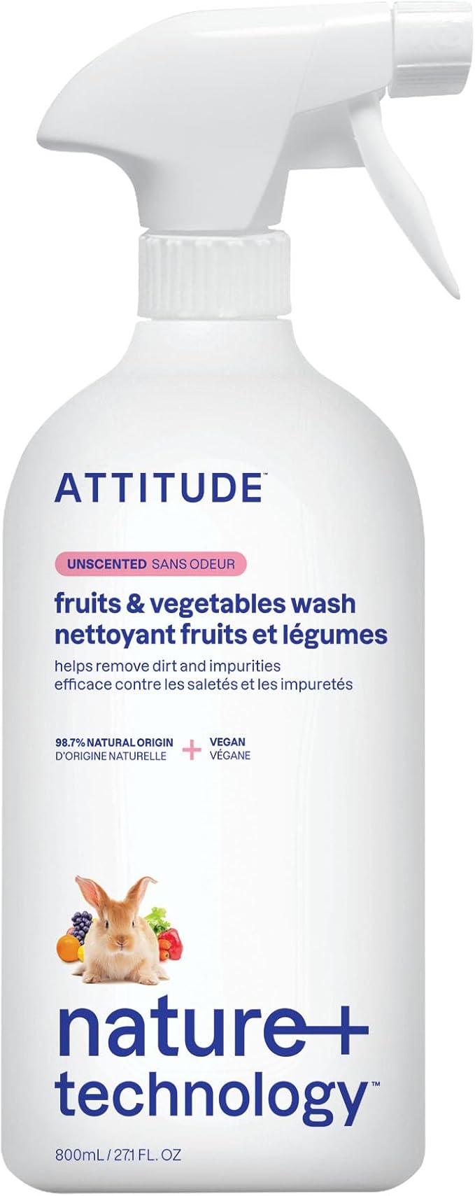 ATTITUDE Fruit & Vegetable Wash, Food-Safe Produce Wash, Removes Dirt & Residue, Vegan & Plant-Based Ingredients, Unscented, 27.1 Fl Oz