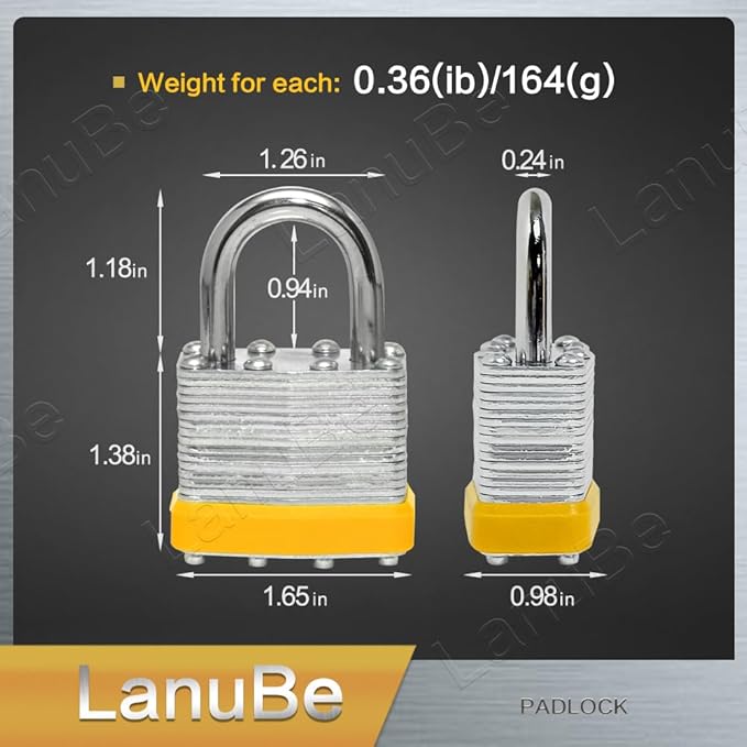 LanuBe Lock Laminated keyed Padlock (1-9/16", 40mm), keyed Alike Locks, Normal Shackle,Marked Yellow Plastic Hoop, Pack of 6