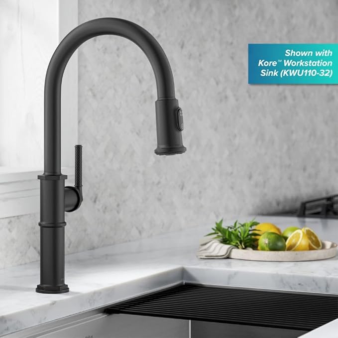 KRAUS Allyn Traditional Industrial Pull-Down Single Handle Kitchen Faucet in Matte Black, KPF-4100MB