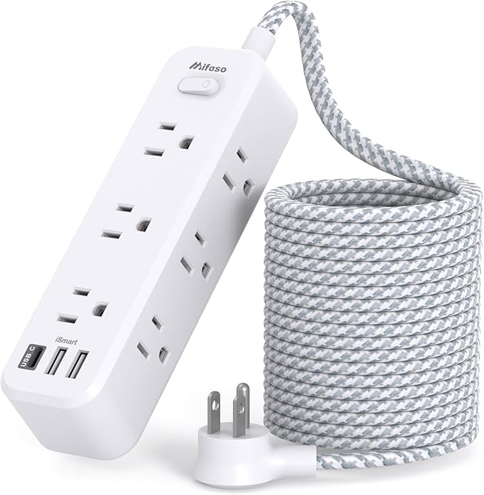 Mifaso Extension Cord, Surge Protector Power Strip, Long Extension Cord with 9 Outlets 3 USB Ports, Extension Cord with Multiple Outlets, USB Power Strip for Dorm Room Essentials, College(25FT, White)