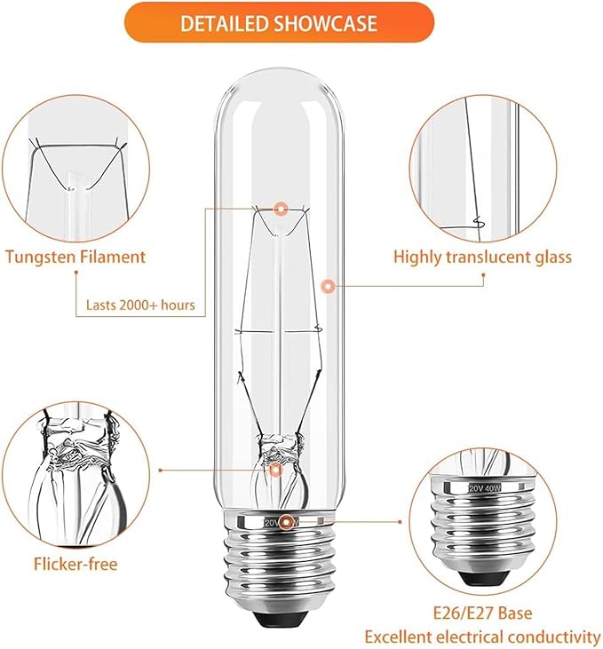 6-Pack 40 Watt T10 Clear Tubular Incandescent Light Bulb, Vintage Style Showcase Bulb,Showcase lamp, 2700K Soft White, E26 Medium Base, 280 Lumens,T10 Tubular Bulb