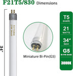 F21T5/830 21 Watt 34 Inches T5 Fluorescent Light Bulb, 3000K Warm White, 2100 Lumens, 20000 Hour Lifespan, Mini Bi-Pin Base, 6 Pack
