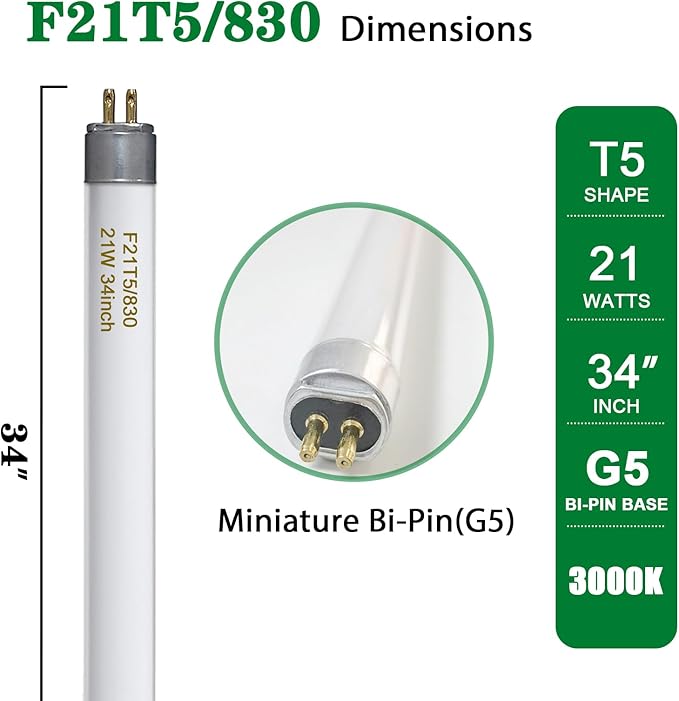 F21T5/830 21 Watt 34 Inches T5 Fluorescent Light Bulb, 3000K Warm White, 2100 Lumens, 20000 Hour Lifespan, Mini Bi-Pin Base, 6 Pack