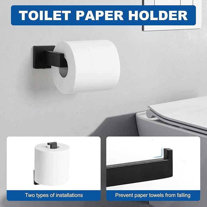 Cilee 15-Pieces Bathroom Hardware Set - Matte Black Bathroom Accessories, 24 Inch Towel Bar, Square Towel Ring, Toilet Paper Holder, Towel Hook, Wall-Mounted Stainless Steel Towel Bar Rack Set