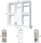 Unikito 75 Inch Closet System with 4 Drawers, 6.3FT Walk in Closet Organizer with Hanging Rods and Mirror Design, Reversible Large Closet Wardrobe with Shelves, Adjustable Closet Tower, White