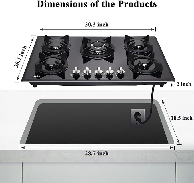 30-inch 5-Burner Built-in Gas Cooktop with Tempered Glass & Cast Iron Grates - LW5G01 (LPG/NG Convertible, Black)