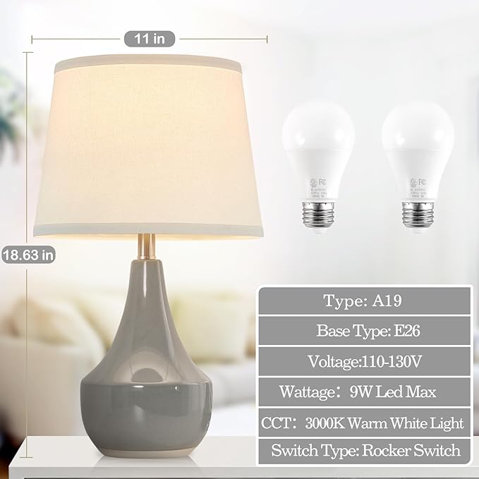 GyroVu Table Lamp Set of 2, 18.63” Ceramic Table Lamp Classic Beside Lamps Nightstand Lamp Modern Lamp for Living Room, Bedroom & Office Rocker Swtich Grey-LED Bulbs Included
