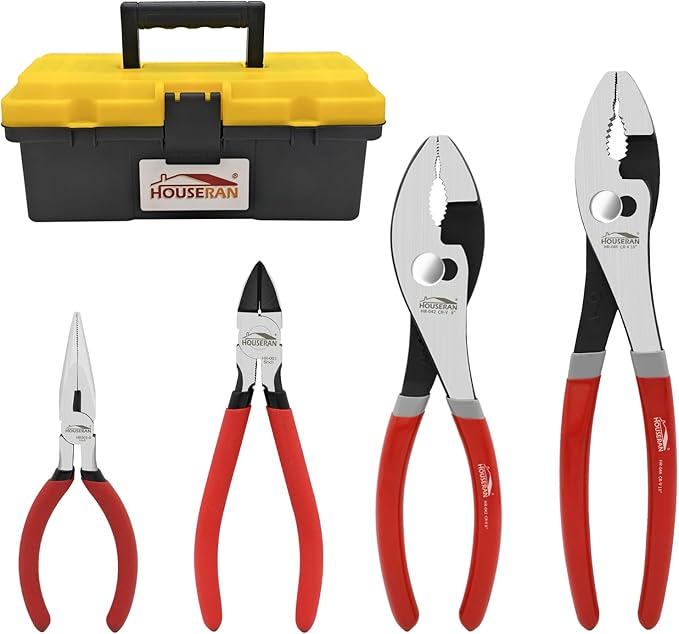 4-Piece Tool Set with Case Including 8-In and 10-In Slip Joint Pliers, 6” Flush Cutter, 5” Needle Nose Pliers for DIY & Home Use