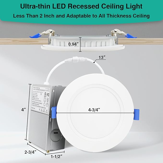 HiBay 4 Pack 4 Inch LED Recessed Ceiling Light with J-Box, 1200LM 12W 150W Eqv, 5000K Daylight Recessed Lighting Fixtures, Dimmable Canless Downlights - ETL and Energy Star Certified