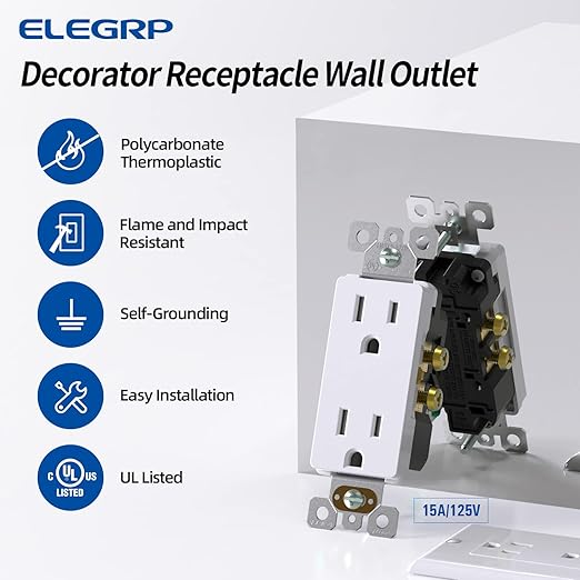 ELEGRP Decorator Receptacle, 15A 125V Standard Electrical Wall Outlet, 2 Pole 3 Wire, No-Tamper Resistant, NEMA 5-15R, Self-Grounding Residential Grade Outlet, UL (Glossy White, 20 Pack)