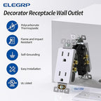 ELEGRP Decorator Receptacle, 15A 125V Standard Electrical Wall Outlet, 2 Pole 3 Wire, Non- Tamper Resistant, NEMA 5-15R, Self-Grounding Residential Grade Outlet, UL (Glossy White, 10 Pack)