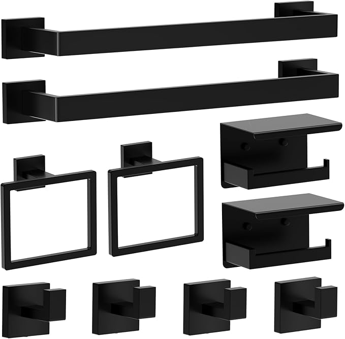 Matte Black Bathroom Hardware Set, 10-Piece Stainless Steel Bathroom Accessories with Double 24" Towel Bars, 2X Toilet Paper Holders with Shelves, 4X Towel Hooks, 2X Towel Rings