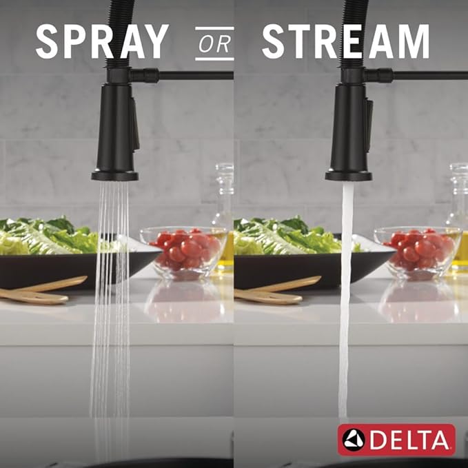 Delta Ermelo Pro Style Commercial Kitchen Faucet with Pull Down Sprayer, Single Hole Matte Black Kitchen Sink Faucet, Single Handle, Matte Black 18887-BL-DST