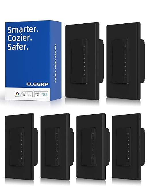 ELEGRP Smart Dimmer Light Switch DPR10, 2.4GHz Wi-Fi Dimmer Switch Compatible with Alexa and Google Assistant, Single Pole/3 Way, Needs Neutral Wire, No Hub Required, UL and FCC Listed, Black, 6 Pack