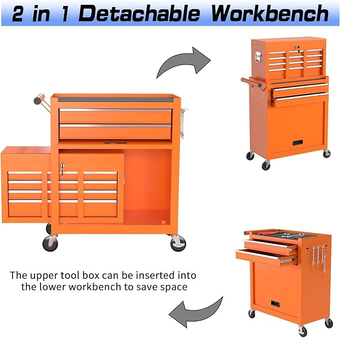 8 Drawer Rolling Tool Chest, High Capacity Tool Box with Lockable Wheels and Drawers, 2 in 1 Portable Toolbox Organizer Storage Cabinet for Garage, Warehouse, Repair Shop, Orange