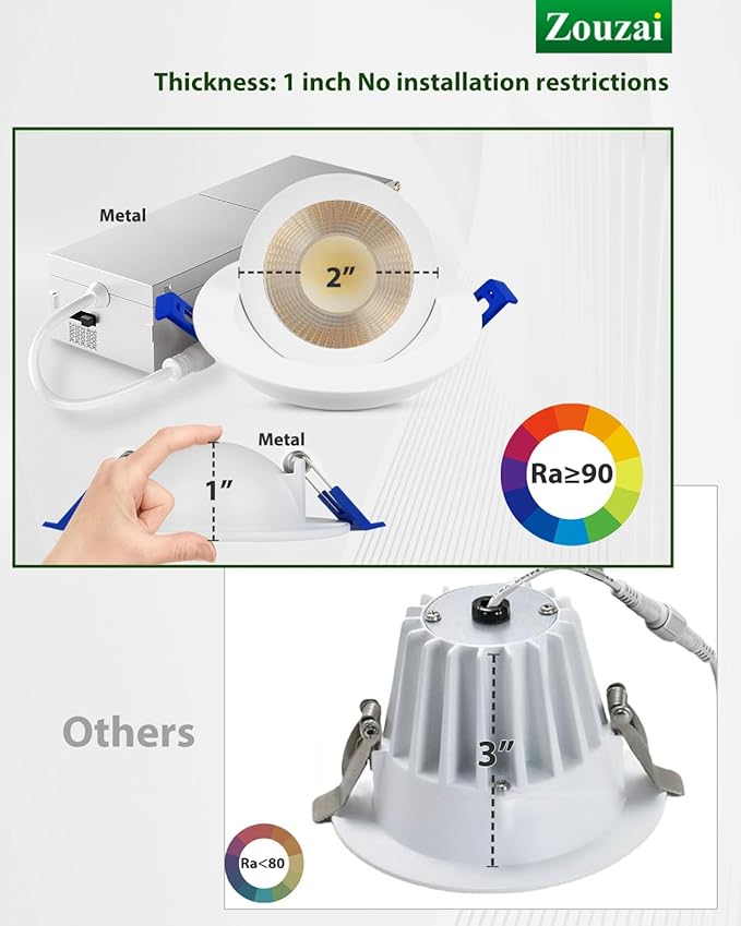 zouzai 2 Inch 5CCT Gimbal Led Recessed Lighting with Junction Box, 360°+90° Adjustable Recessed Can Lights, 2700K/3000K/3500K/4000K/5000K Selectable, 5W Eqv 50W, 550LM Brightness - ETL (White,6 Pack)
