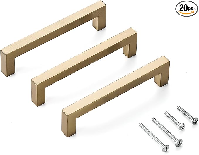 20 Pack 5 Inch (Center to Center 5in) Champagne Cabinet Pulls Square Kitchen Cabinet Drawer Handles Modern Stainless Steel Kitchen Cupboard Handles Hardware