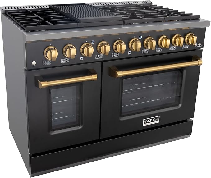 Akicon 48 Inch Freestanding Gas Range - 6.7 cu. ft. Double Rapid Convection Gas Oven - Gas Stove with 8 Sealed Burners & a Griddle, Heavy Duty Cast Iron Grates (Black & Gold)