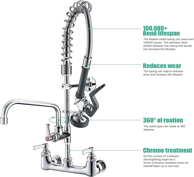 Commercial Wall Mount Kitchen Sink Faucet Brass Constructed Polished Chrome Pre-Rinse Device 25" Height 8" Center with Spring Pull Down Sprayer and 12" Add-on Spout (25 inches)