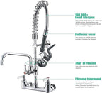 Commercial Wall Mount Kitchen Sink Faucet Brass Constructed Polished Chrome Pre-Rinse Device 25" Height 8" Center with Spring Pull Down Sprayer and 12" Add-on Spout (25 inches)