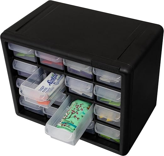 Akro-Mils 16-Drawer Plastic Drawer Storage Cabinet for Garage Organization, Beads, Makeup Organizer, Building Bricks Storage, Teacher Toolbox, 10-1/2-Inch W x 6-1/2-Inch D x 8-1/2-Inch H, 10116 Black