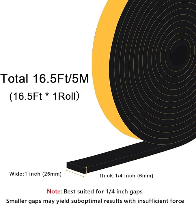 Upgraded Strong Adhesive Foam Weather Stripping Door Seal Strip Insulation Tape for Insulating Door,Air Conditioner Noise-Reduction Self Adhesive Sealing Weatherstrip(1 in x 1/4 in x 16.5 Ft)