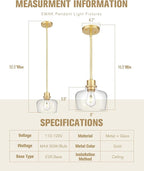 Emak 8 Inch Pendant Lights Kitchen Island, 2 Pack Gold Pendant Light Fixtures with Clear Glass Shade, Modern Island Lights for Kitchen, Dining Room, Bathroom, PL122-GD-CG-2PK