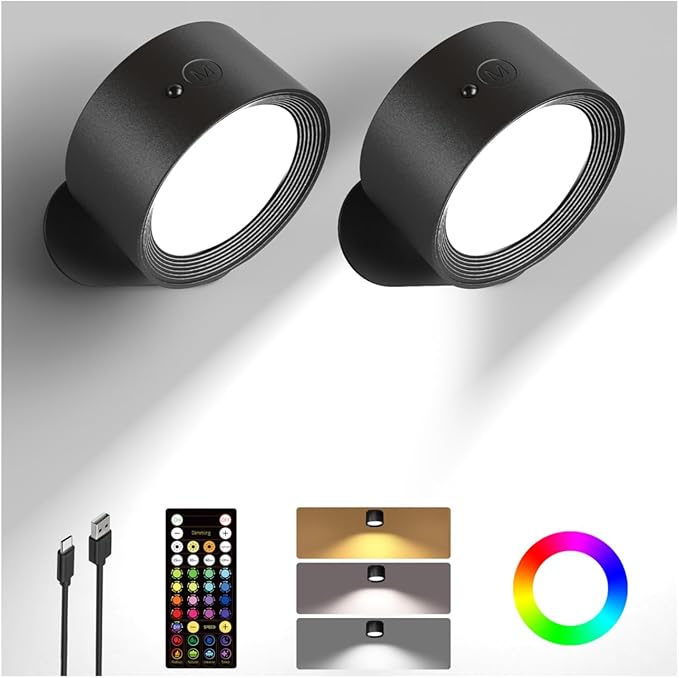 Wall Mounted Lights, 2 Pack Rechargeable RGB Color Changing Light, 3 Color Temps & Remote and Touch, 360°Rotation Dimmable Cordless for Study Bedroom Reading Bedside (Black)
