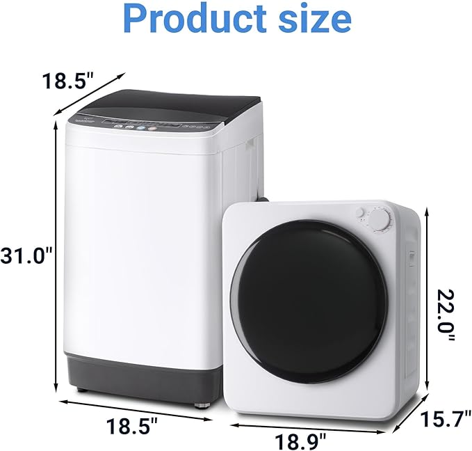 1.6Cu.Ft Portable Clothes Dryer and 16LBS Full Automatic Washing Machine Set, Washer and Spinner Combo, Stainless Steel Tub, Space Saving,Ideal for Laundry, Apartments, Dorms