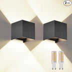 2 Pcs Outdoor Wall Lights Exterior/Interior G9 Wall Sconces Up and Down Lights IP65 Waterproof Outdoor Lighting Square Aluminum Black 4000K Natural Lights Replaceable bulb, Adjustable Light Angle