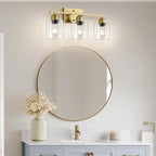 Modern Brushed Gold 3 Light Bathroom Light Fixtures, 19 inch Vanity Lights for Bathroom with Clear Glass for Mirror Kitchen Living Room Hallway Cabinet Porch
