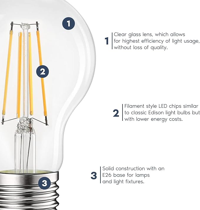LUXRITE Vintage A19 LED Light Bulbs 60W Equivalent, 3500K Natural White Dimmable, 800 Lumens, Standard LED Edison Bulb 8W, UL Listed, E26 Base (6 Pack)