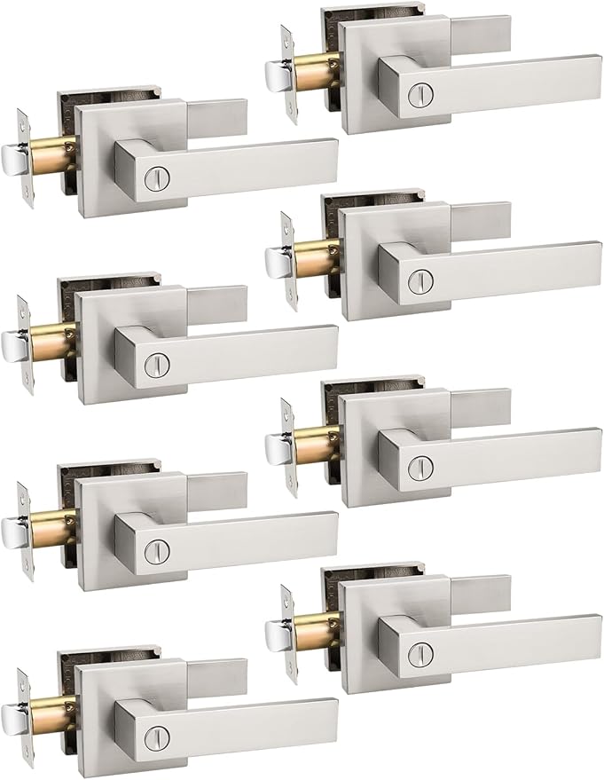 8 Pack Privacy Square Brushed Nickel Door Handles Interior, Keyless Door Knobs for Bedroom/Bathroom, Reversible for Left Right Handed Doors